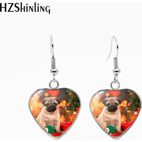 Baby pug paintings Heart French Hook Earrings Stainless Steel Dangle Earrings Glass Handmade Craft Jewelry