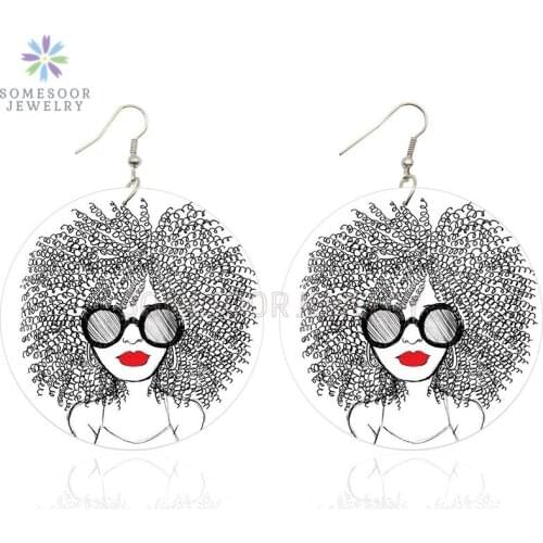 SOMESOOR Afro Poppin Girl Natural Hair Wooden Drop Earrings Both Sides Print African Wood Pendant Dangle Jewelry For Women Gifts