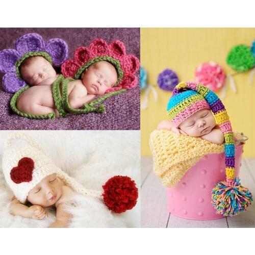 Infant Toddler Winter Hat Handmade Knitted Crochet Baby Flower Hat with Pigtail Ball Bebe Bonnet Photography Props Heart Caps