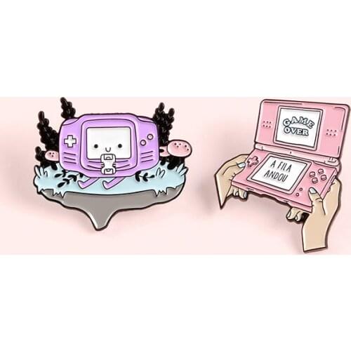 Cute Pink Purple Handheld Game Machine Brooch "GAME OVER A FILA ANDOU " Clothes Pins For Boys Kids Game Player Lovers