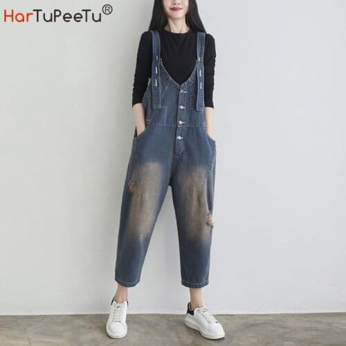 Loose Denim Jumpsuit Women Spring Summer Korean Style Oversized Ankle-Length Ripped Jeans Pants Vintage Plain Baggy Cross-Pants