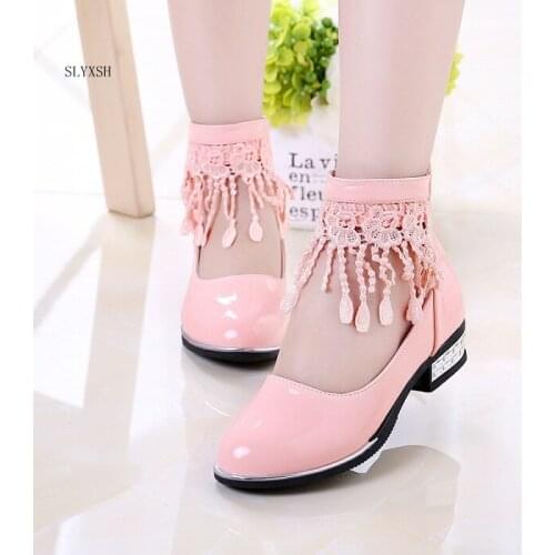 Pink White Black Girl PU Leather Shoes For Girls Party Lace Dance Children Kids Shoes 2-14 Years Princess Child Wedding Shoes