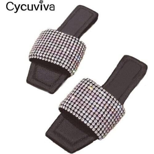 Bling Bling Crystal Slippers Square Open Toe Summer Slides Ladies Flat Beach Shoes Designer Rhinestone Flat Sandalias Mujer 2021