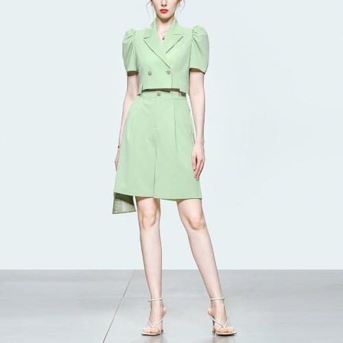 Womens Summer Light Green Fashion Two-Piece Sets Puff Sleeve Top Short Pants Female Suits