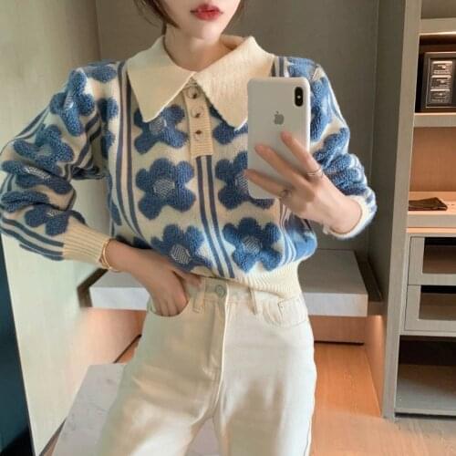 Korean style temperament polo collar knitted sweater women 2021 autumn and winter fashion new long-sleeved printed top