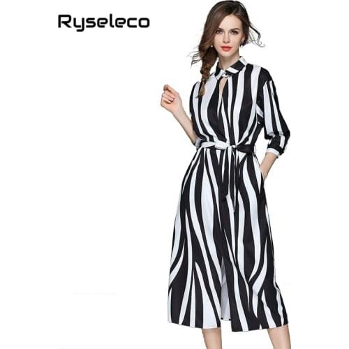 Women Summer Elegant Vertical Strip Zebra Style Prints Cutout High Slits Midi Shirt Dresses Designer Brief White Black Vestidos