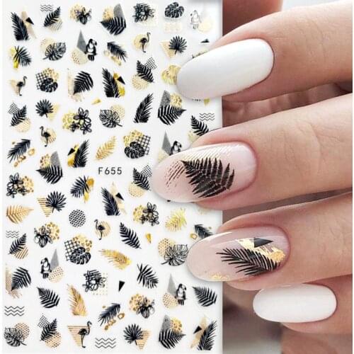 1pcs Black Laser Gold Autumn Leaf 3D Nail Sticker Coconut Tree Leaf Pattern Adhesive Transfer Sticker Shiny DIY Nail Decoration