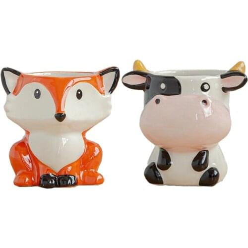 2Pcs Ceramic Animal Flower Pot Cartoon Fox And Cow Head Mini Pot Succulents Plants Bonsai Pots Home Decoration