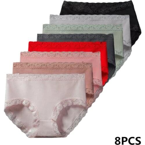 8PCS women n underwear New breathable mid-waist cotton briefs for ladies with blue seamless lace Panties