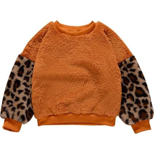 Kid Girl Top, Fall Shirt, Round Neck Long-Sleeve Casual Elastic Cuff Hem Warm Leopard Printed Plush Blouse Sweater 2020