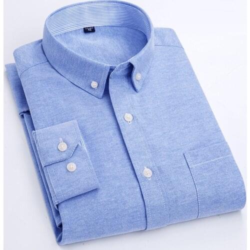 Mens solid oxford office Shirt Front Patch Chest Pocket Regular-fit Button-down Collar long sleeve edging Shirts asian size