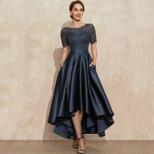 Elegant Navy Blue Satin Prom Dresses 2021 O-Neck Lace Short Sleeve Asymmetrical Sexy Party Gowns Vestidos Largos With pocket