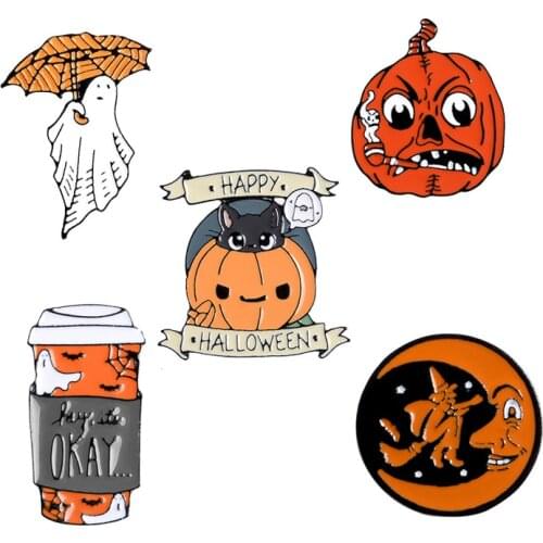 Halloween Pumpkin Ghost Coffee Cup Metal Enamel Brooch Pipe Broom Witch Moon Cat Badge Pin Cute Trendy Costume Jewelry Gift