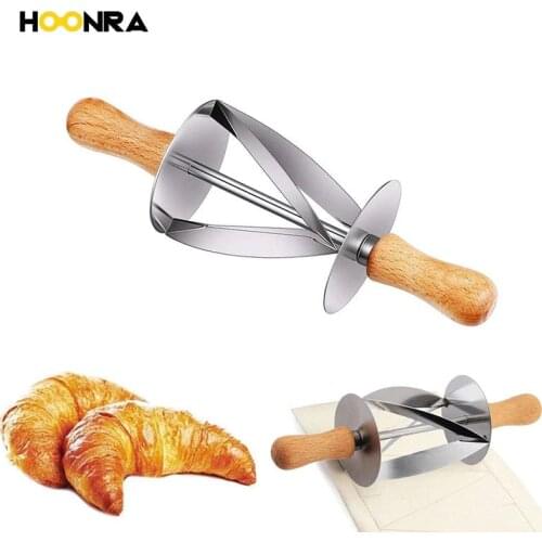 HOONRA Stainless steel Croissant Cutter Roller Wheel Dough Knife Wooden Handle Pastry Knife Kitchen Baking Tools