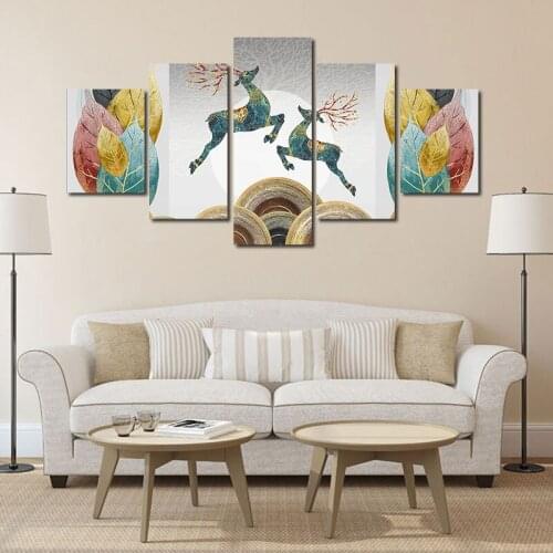 No Framed 5 Pieces Abstract Leaping Deer Canvas Art Painting Prints Wall Decorative Pictures for Living Room Bedroom Home Decor