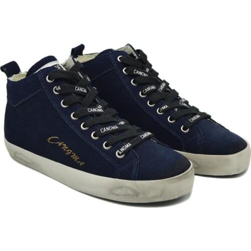 CANGMA Luxury Brand Original Designer Shoes Platform Sneakers Womens Navy Blue Casual Shoes Mid Cow Suede Footwear Female