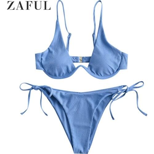 ZAFUL Tie Side Underwire Ribbed Bikini Swimsuit Low Waisted Swimwear V Wired Solid Padded Bathing Suit Sexy Women 2021 Beach