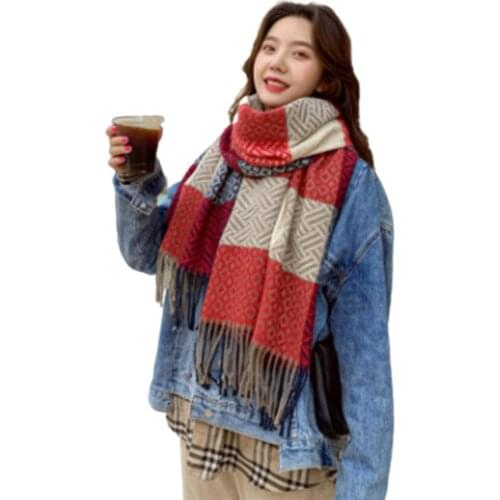 Fashionable Women Plaid Scarves Winter 2021 Warm Tassel Imitation Cashmere Thick Female Scarf For Outdoor Warm Long Shawl