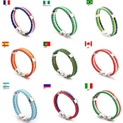 Fashion Russia Spain France Brazil Flag Leather Team Bracelet Men & Female PU Leather Football Fans Couples Gift Jewelry