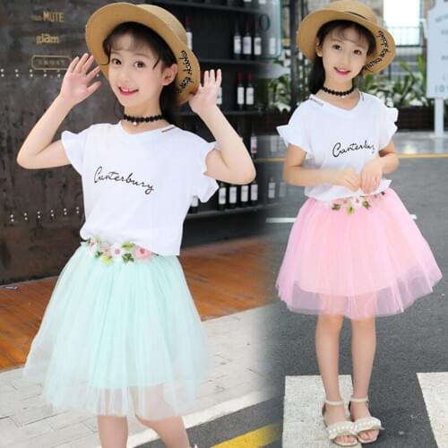 Youth suit Butterfly Sleeve Letter T-shirt+Floral Voile Dress 2Pcs for Clothing Sets Children Dress 4-12Y