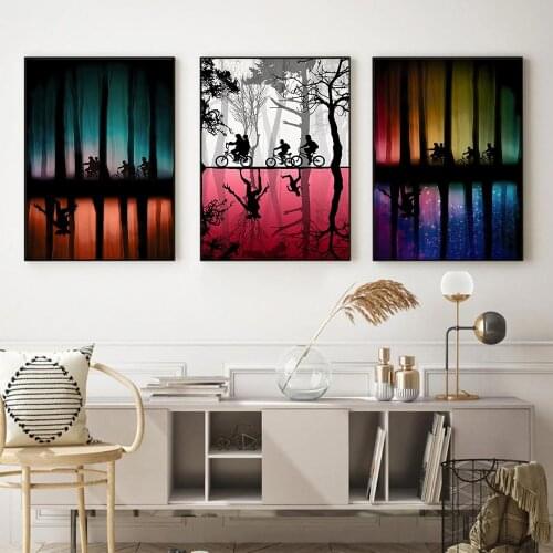 Stranger Things Movie Poster Retro Abstract Ride Bike Forest Canvas Painting Wall Decoration Living Room Children Bedroom Prints
