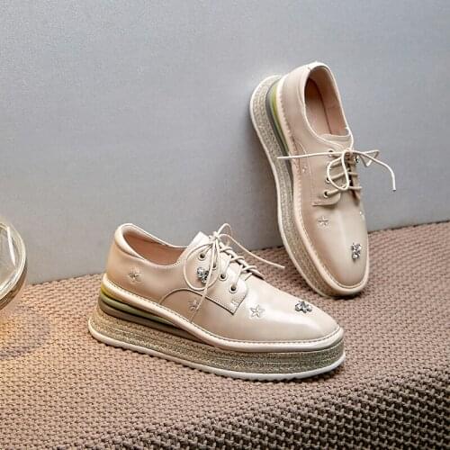 ROYESIC,2021 womens shoes, Derby, casual shoes, sports, straw, thick sole, embroidery, natural leather, bright leather