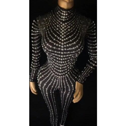 Sexy Black Pearls Rhinestone Or Nude Jumpsuit Stretch Leggings Womens Prom Party Outfit Nightclub Female Singer Show Stage Wear