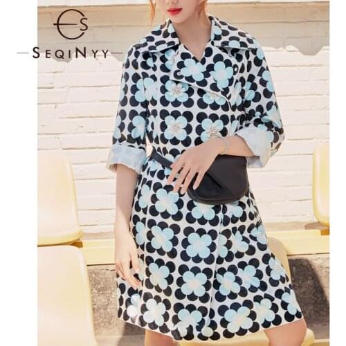 SEQINYY Autumn Trench Coat 2020 Spring New Fashion Design Women Long Sleeve Flowers Print Sequined Crystal Light Blue Top Belt