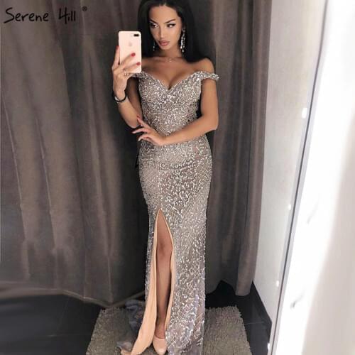 Silver Off Shoulder Split Luxury Mermaid Evening Dresses 2020 Diamond Beading Fashion Evening Gowns Serene Hill LA6653