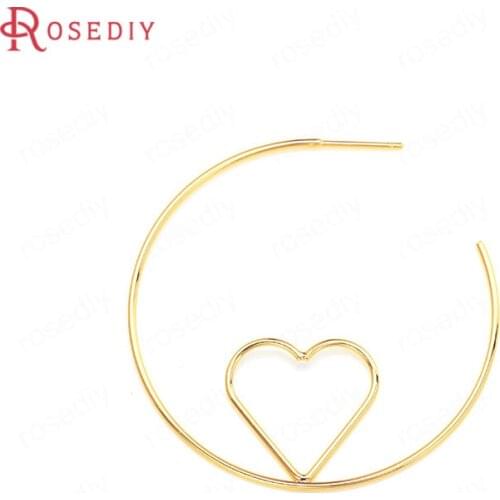 35923)6PCS 48x48MM 24K Gold Color Brass with Heart Earrings Loop Stud Earrings High Quality Diy Jewelry Findings Accessories