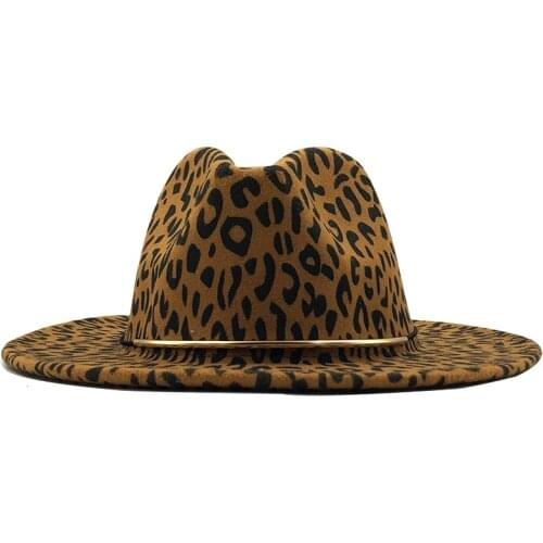 2020 new Trend Unisex Flat Brim Wool Felt Jazz Fedora Hats Men Women Leopard Grain Leather Band Decor Trilby Panama Formal Hats