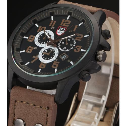Sport Men Watches Quartz PU Leather Clock Calendar Coffee Black Man Wristwatch montres homme