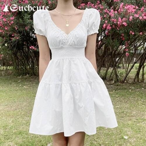 SUCHCUTE Fashion Elegant Solid White Dress Women Summer Streetwear V-Neck A-Line Dress Short Sleeve Beachwear Mini Dress