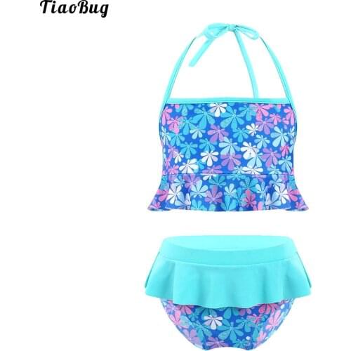 TiaoBug Summer 2Pcs Kids Girls Floral Print Swimsuit Halter Lace-Up Ruffle Trim Crop Tops And Briefs Beach Pool Bathing Swimwear
