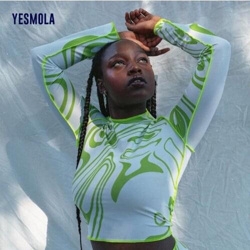YESMOLA Women Long Sleeve T Shirt Y2k Spring Autumn Print Ribbed Tshirt Harajuku Top Sexy Streetwear Female Clothing