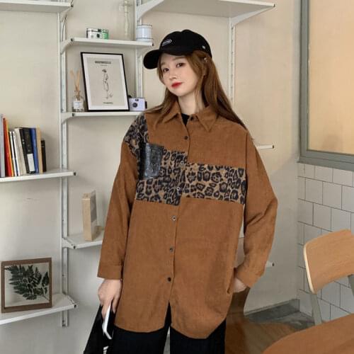 Bella 2021 Women Casual Oversize Shirt Coats Korean Outwear Vintage Autumn Harajuku Loose Leopard Print Spliced Corduroy Jackets