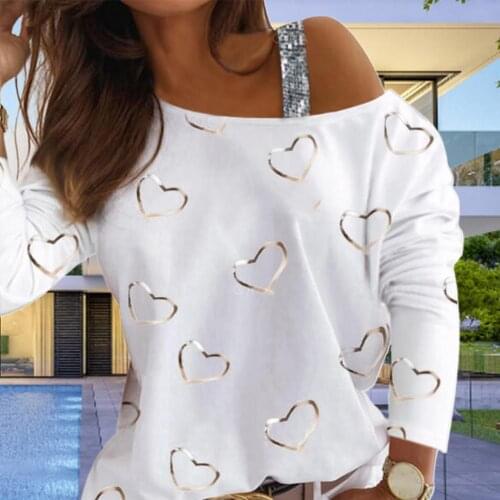 2021 Women Blouse Heart Print Gold Shiny Shirts Elegant Spring Loose Pullover Tops Fashion Hollow Out Long Sleeves 3XL