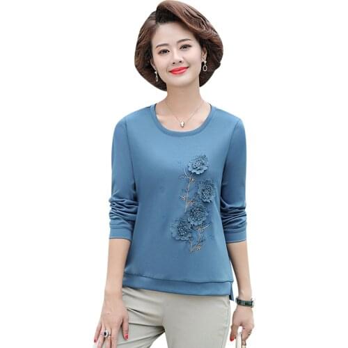 Long Sleeve Women T-Shirts Bottom Shirt Spring Fall 2021 New Pullover Middle Age Mother O-Neck Flower Tee Tops 5XL