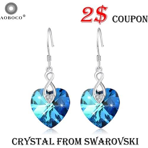 AOBOCO 925 Sterling Silver Earring Fine Jewerly Infinite Love Heart Drop Earrings Blue Crystal From Swarovski Gift For Women Mom