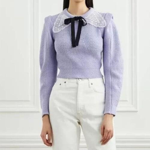 Early Autumn Bow Tie Sweaters Women Long Sleeve Lace Peter pan Collar 2021 New Ladies Jumper Top