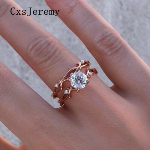 CxsJeremy 14K Rose Gold Dainty Twig Double Rings Set 1.0ct 6.5mm Moissanite Engagement Ring Bridal Set for Women Wedding Gift