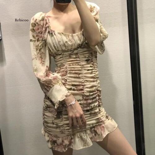 2021 New Spring Women Flower Print Chiffon Pleated Mini Dress Female Square Collar Puff Sleeve Clothes Casual Slim Vestido