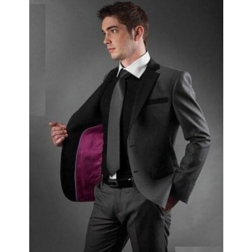 2016 Groomsmen Notch Black Lapel Groom Tuxedos Dark Grey Mens Suits Wedding Best Man Suit (Jacket+Pants+Tie+Hankerchief) B695