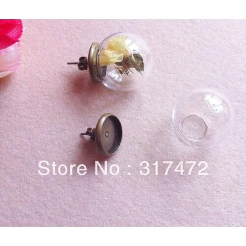 Free Ship !! 20*12mm Round Glass Vial & Antique Bronze Earing Blank Pad DIY glass vial pendant glass bottle jewelry pendant