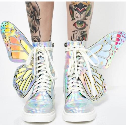 Women Shine Silver Winter Snow Boots Butterfly Wings Fashion Flat Chelsea Booties Shoes 2019 Ladies Black Sneakers Botine Mujer