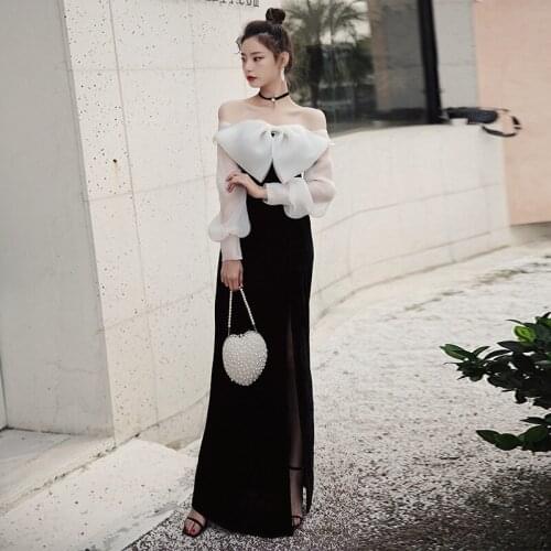 Black Elegant Evening Drsees Contrast Slim Simple Color Bow Boat Neck Backless Ankle-Length Split Vestidos Formal Ball Gown