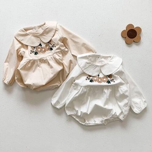Childrens Clothing Korean Style Baby Girl Bodysuits Floral Embroidery Infant Baby Girls Cotton Long Sleeve Jumpsuit