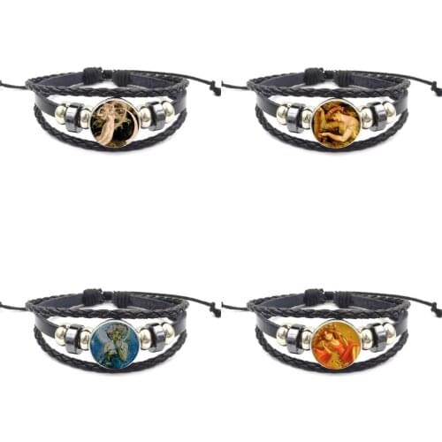 EJ Glaze For Women Girls Roman Goddess of Flowers Glass Cabochon Jewelry With Black Leather Bracelet Bangle