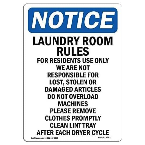Everett Goodman Home Decor - Safety Sign Notice Laundry Room Rules for Residents.8x12 Inch Metal Tin Sign