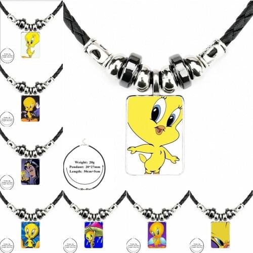 EJ Glaze Pop Tweety Bird For Women Kids Fashion Necklaces Glass Cabochon Black Leather Bead Pendant Necklace Vintage